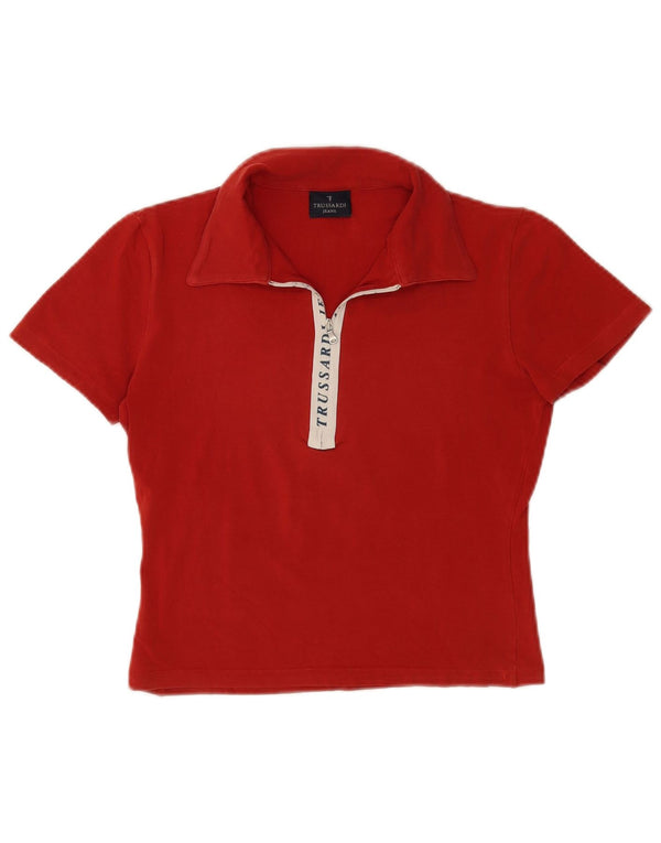 Trussardi Tricou cu grafic crop pentru femei UK 12 Medium Red Colorblock