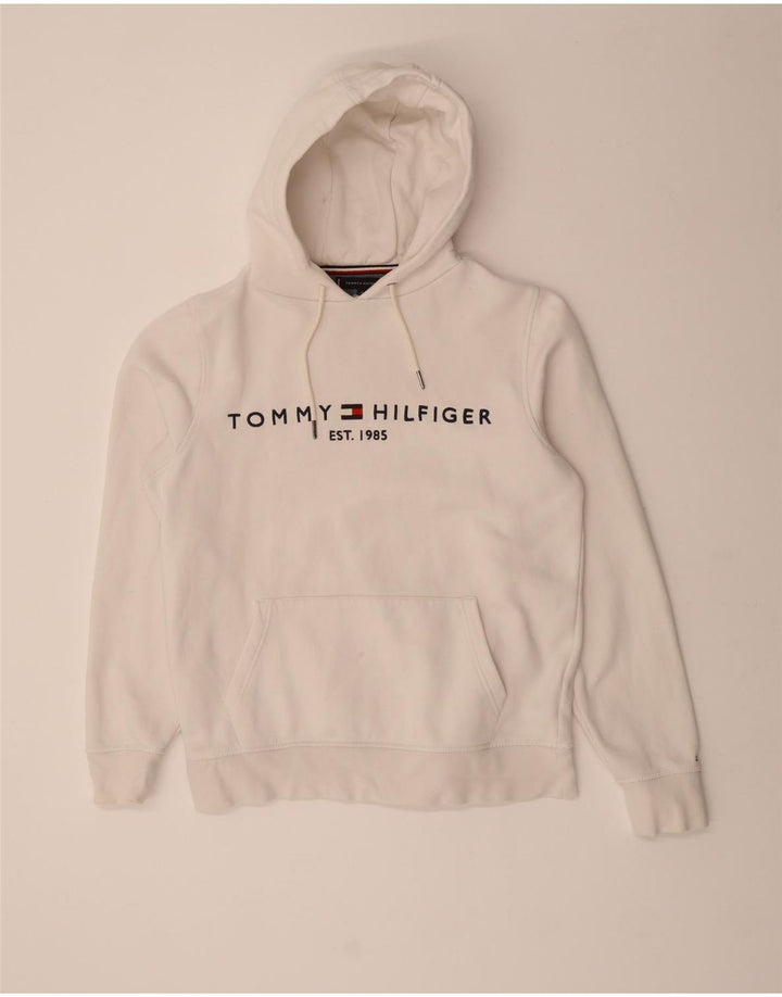 TOMMY HILFIGER Mens Graphic Hoodie Jumper Medium White Cotton