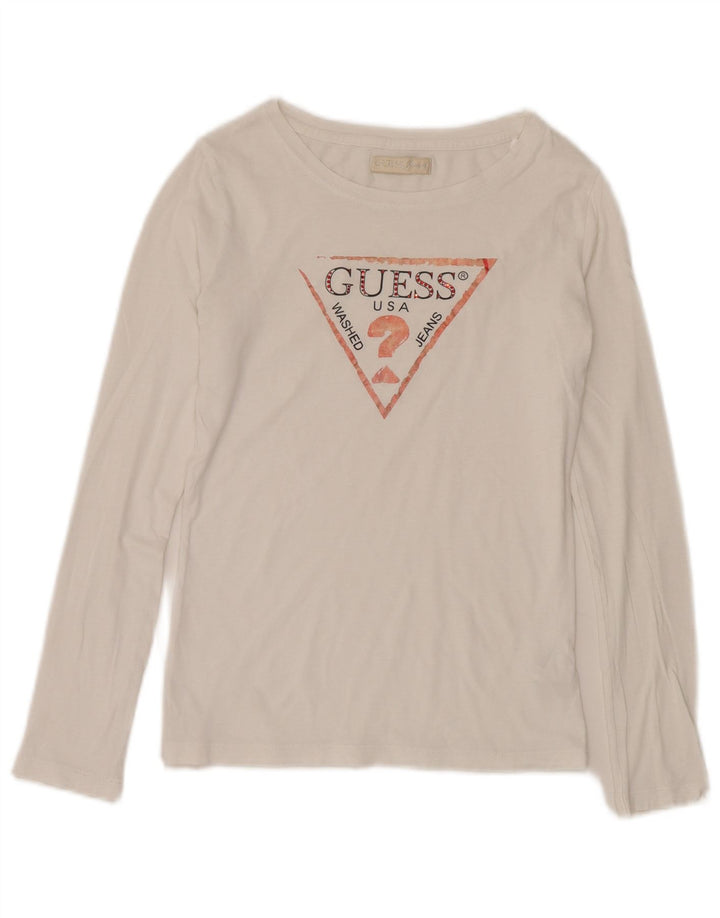 Guess Top grafic pentru femei cu mânecă lungă UK 10, bumbac alb mic