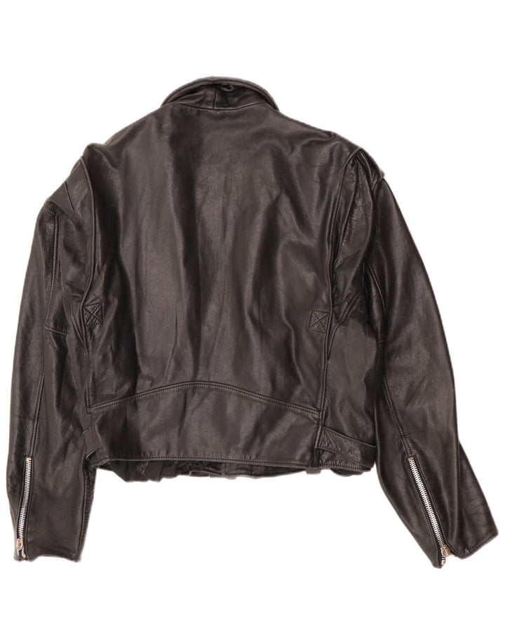 Jachetă de motociclist din piele crop vintage pentru femei UK 12 Medium Black Leather