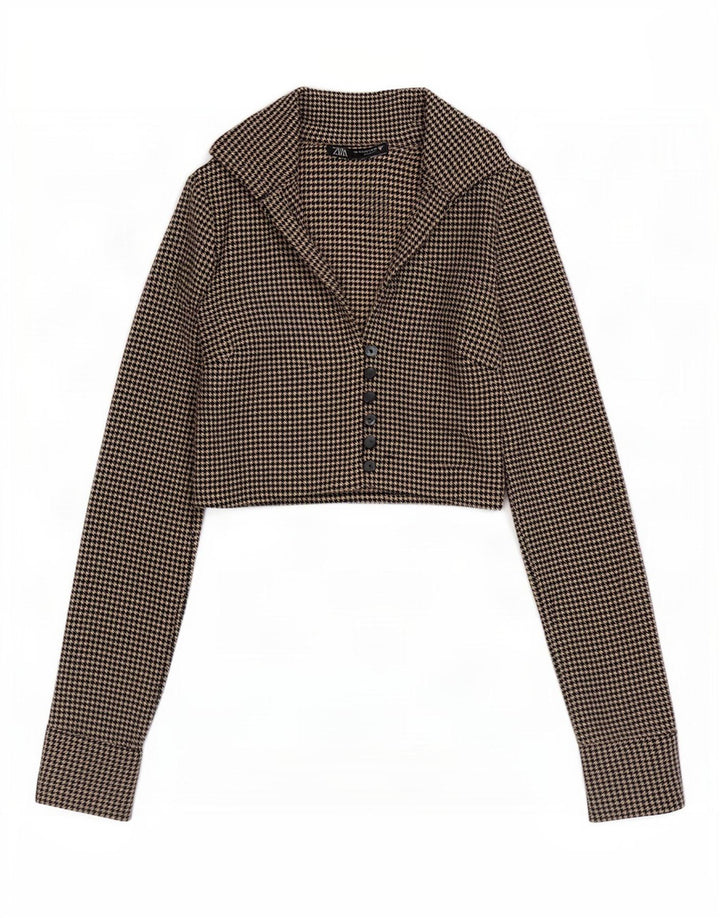 Bluză Cămașă Crop pentru Damă Zara UK 6 XS Maro Poliester cu picioare de găină