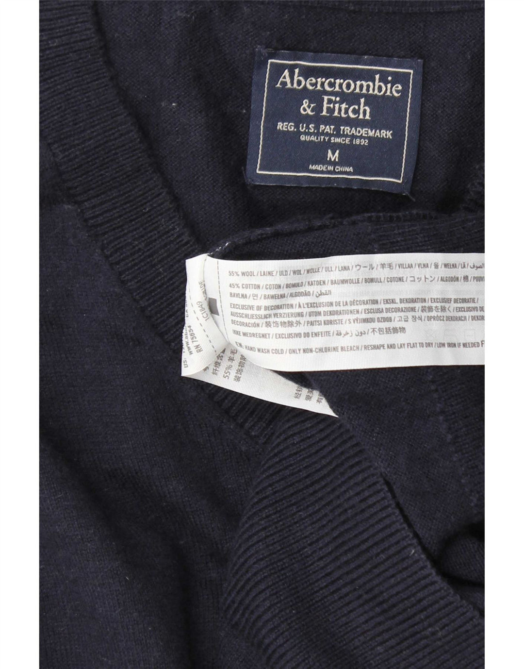 Pulover pentru bărbați Abercrombie & Fitch, cu decolteu în V, lână medie albastru bleumarin