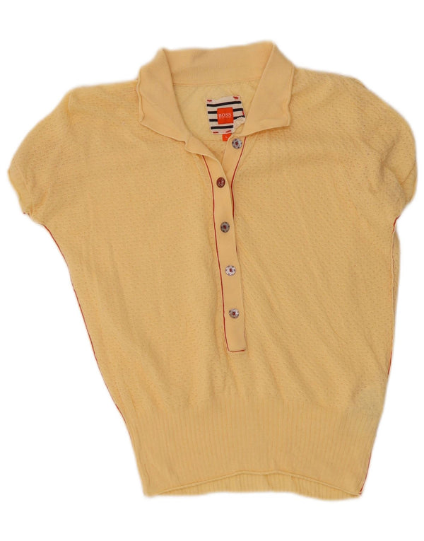 Pulover cu mânecă scurtă pentru femei Hugo Boss, cu gât polo, UK 14, mare, galben