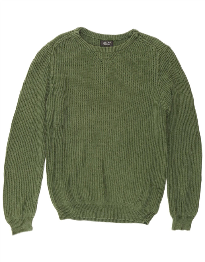 Pulover pentru bărbați Zara, cu gât crew, bumbac verde mediu