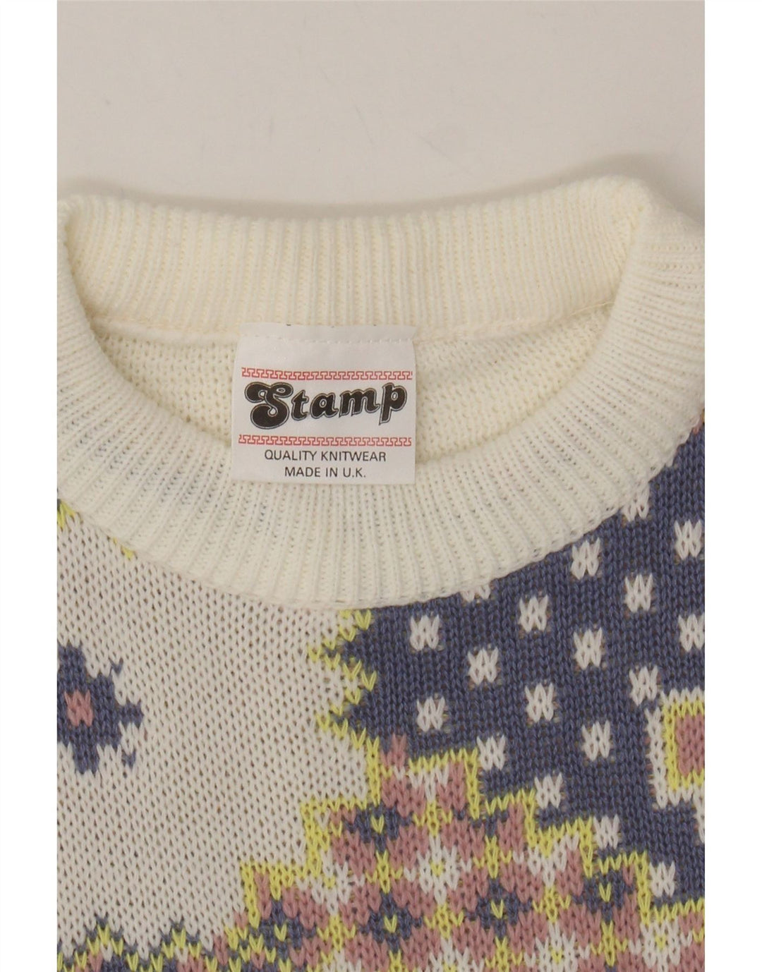 VINTAGE Womens Crew Neck Jumper Sweater UK 14 Large Off White Patchwork Vintage Vintage and Second-Hand Vintage from Messina Hembry 