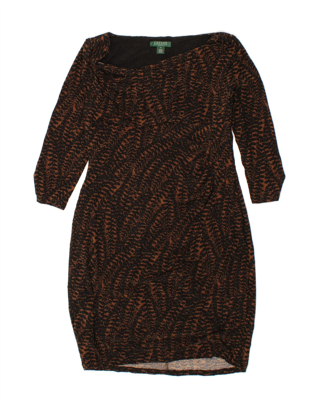 RALPH LAUREN Womens 3/4 Sleeve Bodycon Dress US 14 Large Brown Polyester Vintage Ralph Lauren and Second-Hand Ralph Lauren from Messina Hembry 