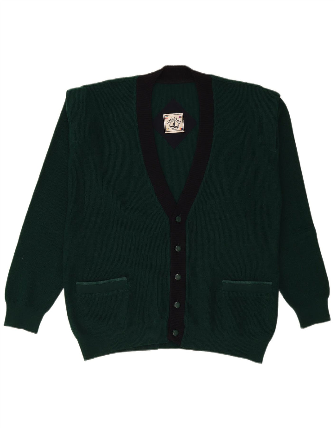 Pulover cardigan pentru bărbați Navigare, verde mediu, lână color bloc