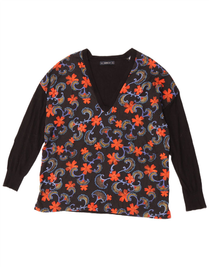 Top pentru femei Zara cu mânecă lungă UK 14 Medium Negru Lână florală