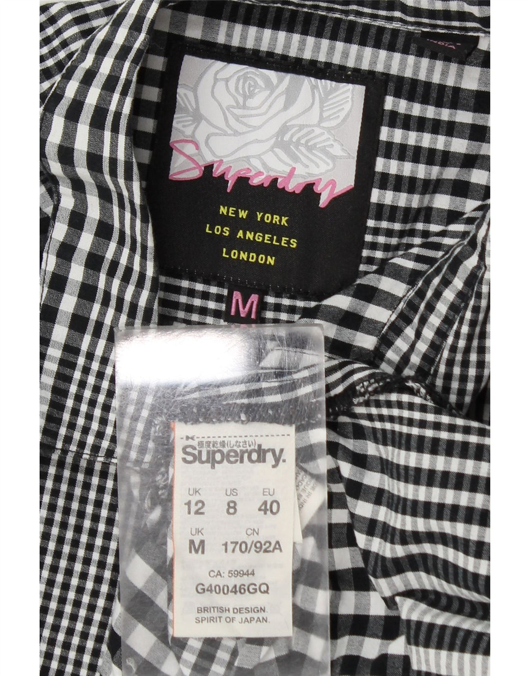 Cămașă grafică cu paragate Superdry pentru femei UK 12, bumbac cu carouri negru mediu