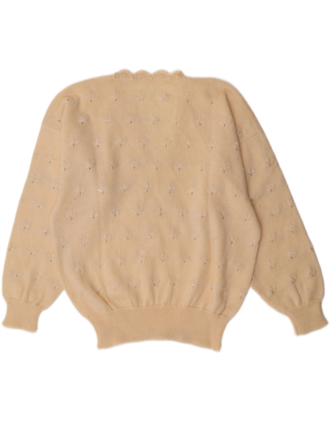 VINTAGE Pulover cu decolteu în V pentru femei UK 14 Medium Alb catifelat Floral