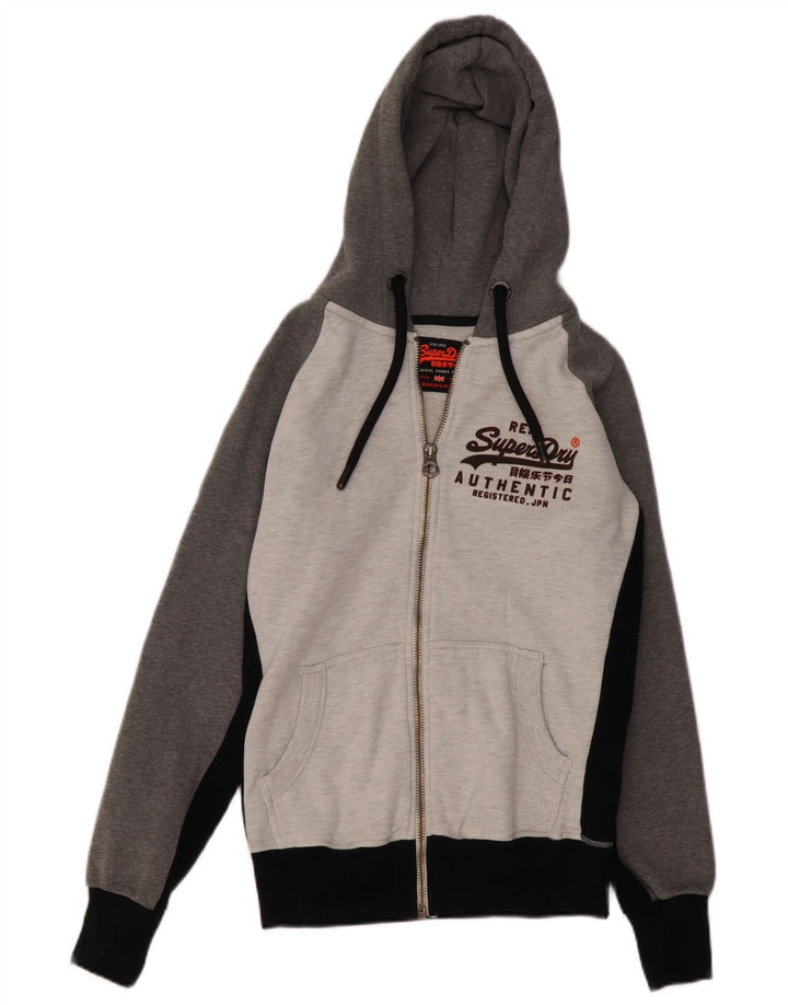 SUPERDRY Pulover cu capotă cu fermoar grafic pentru bărbați, bumbac color-bloc, gri mic