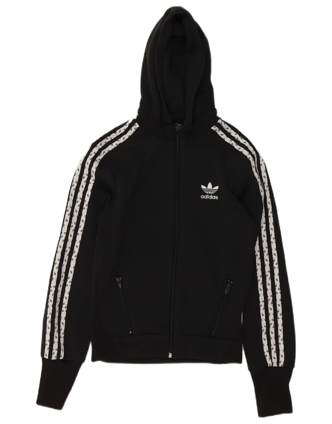 ADIDAS Womens Graphic Zip Hoodie Sweater EU 36 Small Black Polyester