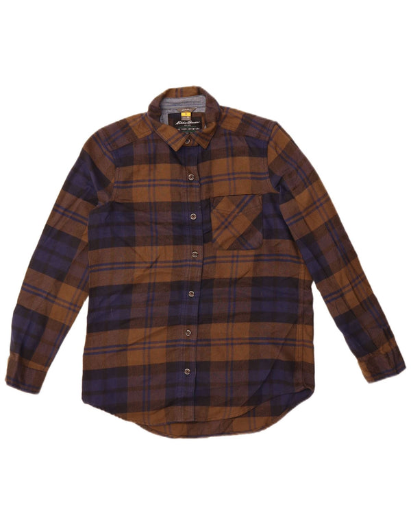 Cămașă de flanel supradimensionată pentru femei Eddie Bauer UK 6 XS Poliester cu carouri maro