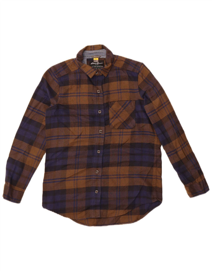 Cămașă de flanel supradimensionată pentru femei Eddie Bauer UK 6 XS Poliester cu carouri maro
