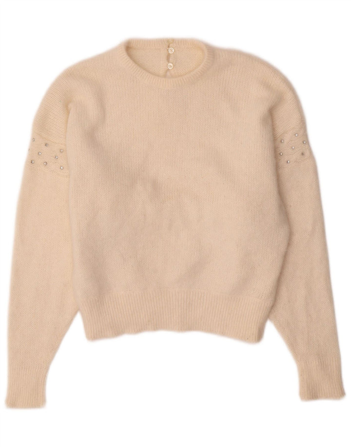 Pulover VINTAGE pentru femei cu decolteu triplu UK 14 Medium Off White