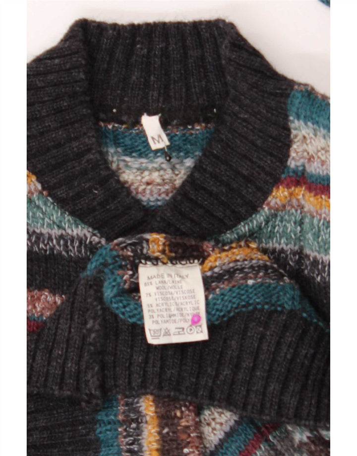 Vintage Pulover pentru bărbați cu gât cu nasturi, lână cu dungi medii, multicolore