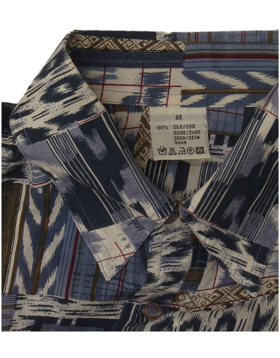Cămașă Vintage pentru bărbați cu mânecă scurtă IT 48 Medium Blue Patchwork Silk