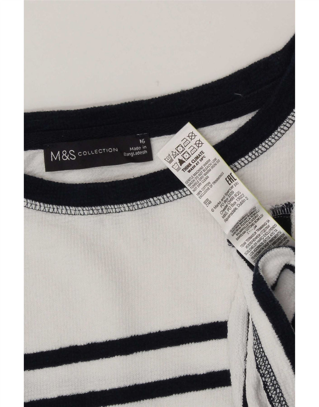Top pentru femei Marks & Spencer cu mânecă lungă UK 16 mare, bumbac cu dungi albe