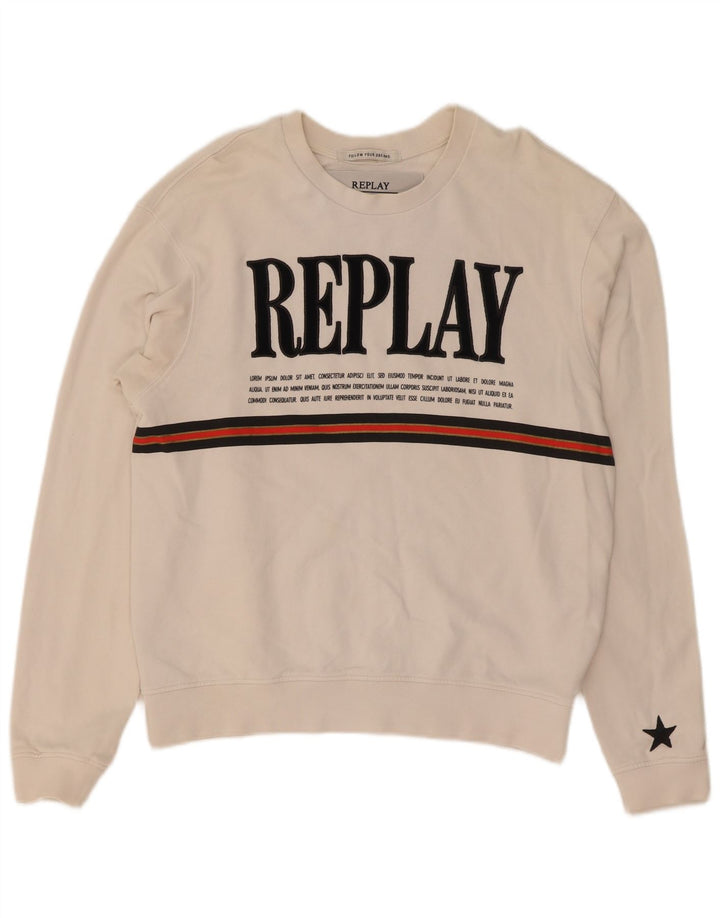 Replay Pulover cu grafic pentru femei UK 14 Bumbac alb mediu