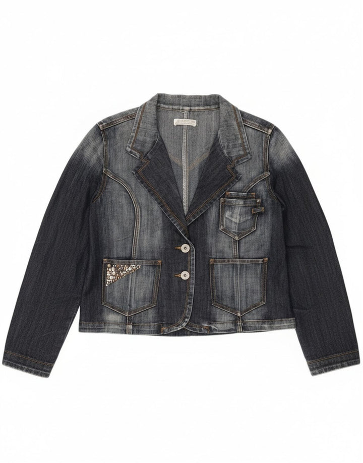 Jachetă vintage pentru femei din denim cu 2 nasturi, UK 14, albastru bleumarin mediu
