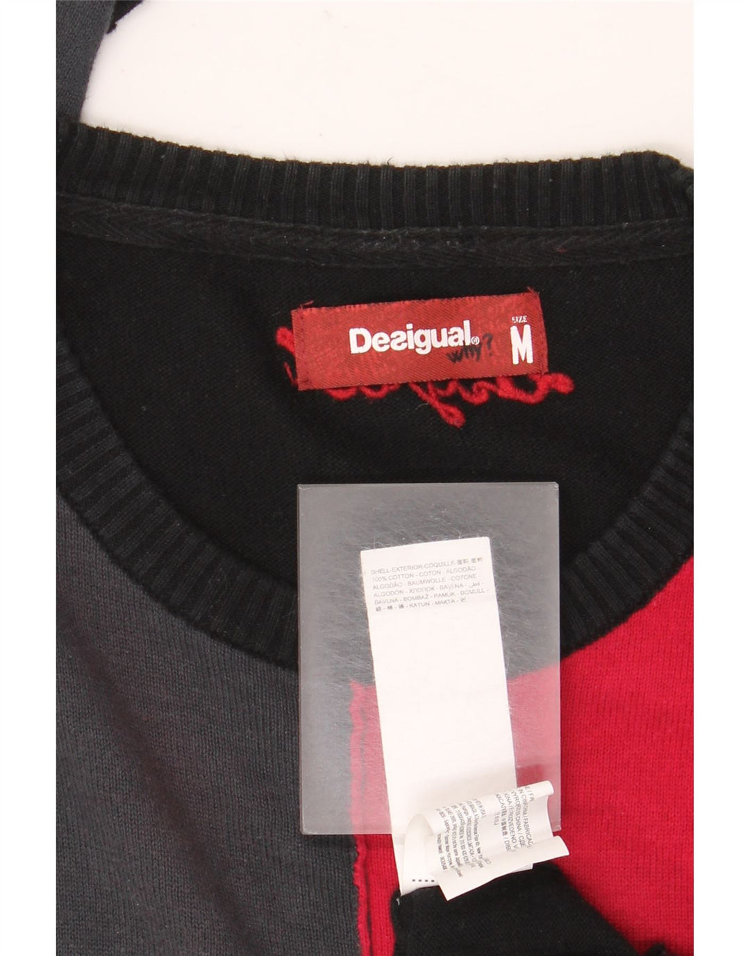 Pulover Desigual pentru bărbați cu gât roșu, bumbac color bloc negru mediu