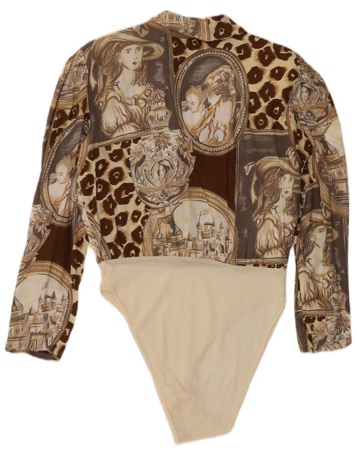 Body vintage cu mânecă lungă cu model abstract pentru femei UK 14 maro mediu
