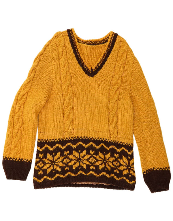 Pulover vintage pentru femei cu decolteu în V UK 14 Medium Yellow Fair Isle