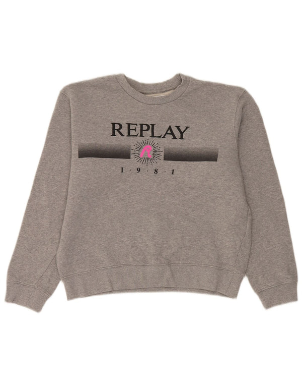Replay Pulover supradimensionat cu grafic pentru femei UK 10 Bumbac gri mic