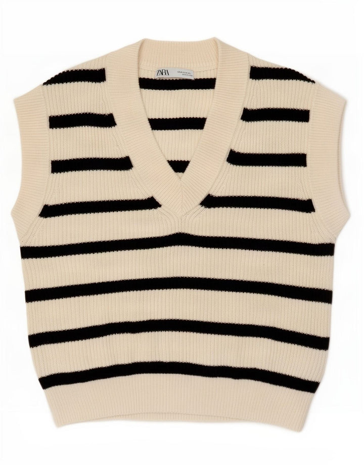 Zara Femei Vest Tank Top UK 14 Poliester cu dungi alb mediu mediu
