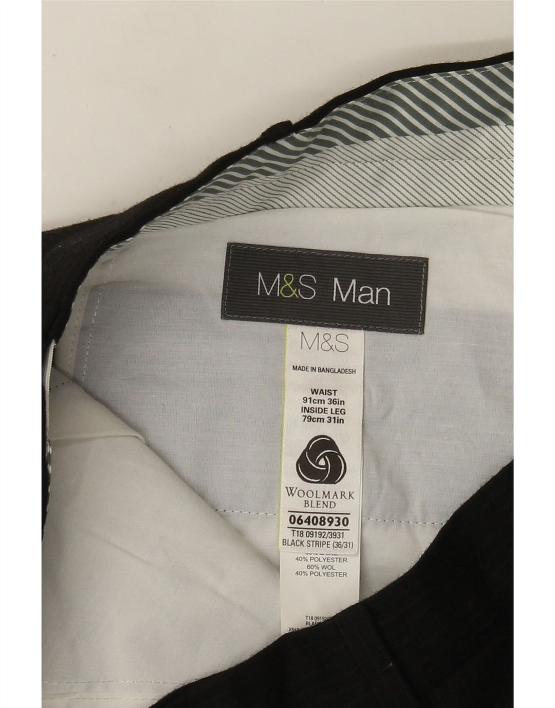 Marks & Spencer Pantaloni drepți pentru bărbați L36 L31 Lână neagră cu dungi