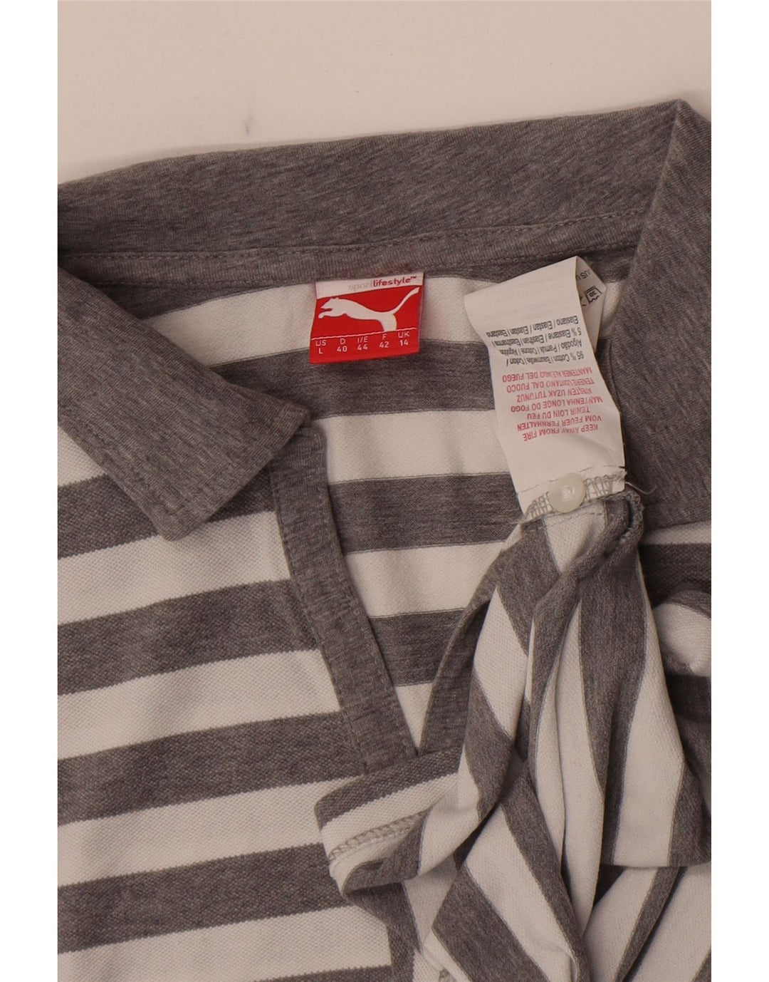 Tricou polo Puma pentru femei UK 14, bumbac cu dungi gri mediu