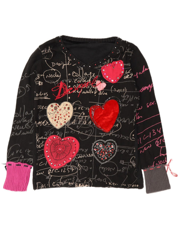 Top grafic pentru femei Desigual cu mânecă lungă UK 18 XL, negru, bumbac, inimă