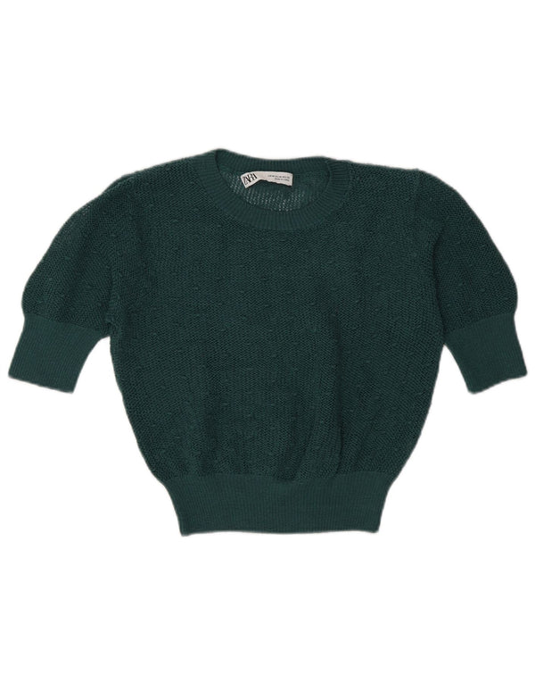 Zara Womens Crop Short Sleeve Crew Neck Jumper Sweater UK 12 Medium Green