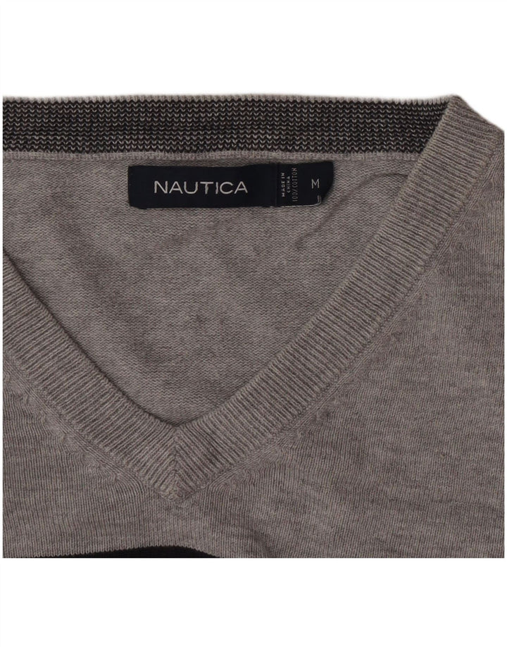 Pulover Nautica pentru bărbați cu decolteu în V, bumbac cu dungi, gri mediu