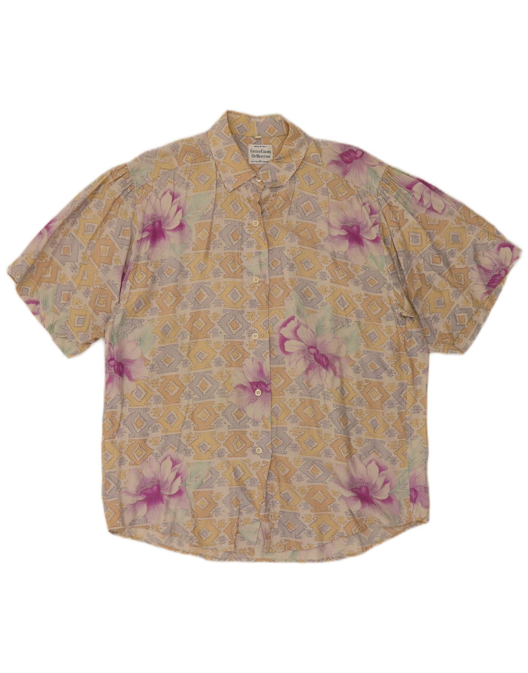 Bluză cămașă cu mânecă scurtă pentru femei BENETTON IT 44 Medium Bej Floral