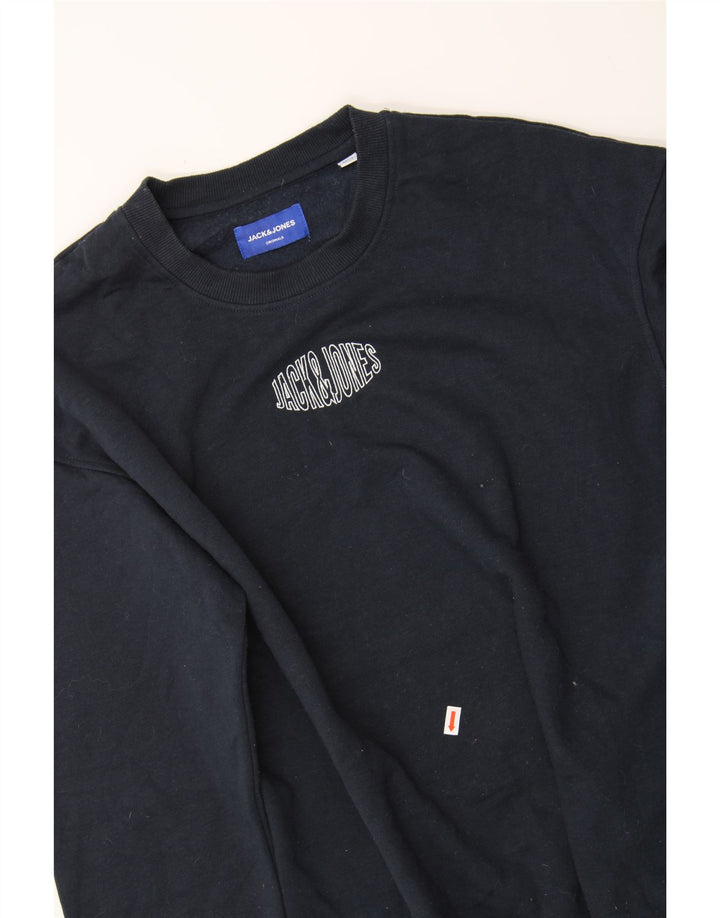 JACK & JONES Mens Graphic Sweatshirt Jumper Medium Navy Blue Cotton Vintage Jack & Jones and Second-Hand Jack & Jones from Messina Hembry 
