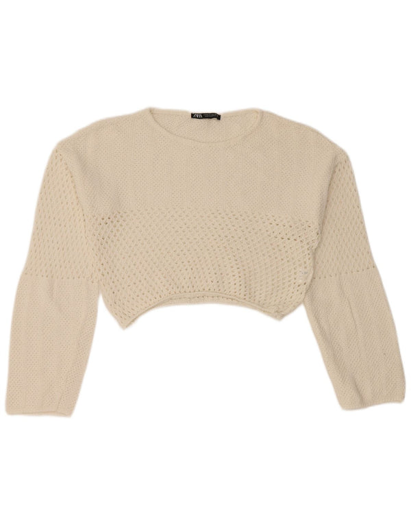 Pulover pentru femeie cu gât de barcă Zara UK 12, bumbac alb mediu