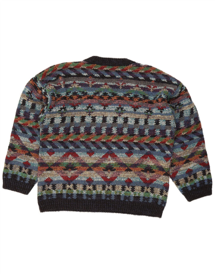 Pulover vintage pentru bărbați cu decolteu în V, lână geometrică, medie, multicoloră