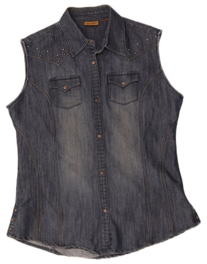Cămașă din denim fără mâneci Wrangler pentru femei UK 16 Large Blue