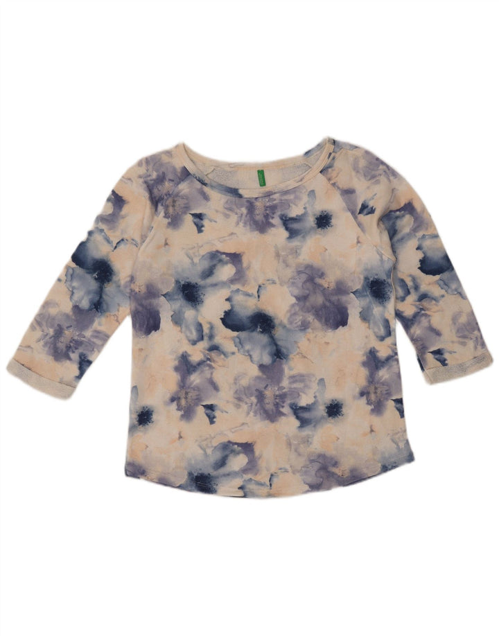 BENETTON Top pentru femei cu mâneci 3/4 UK 14 Medium Blue Floral Bumbac