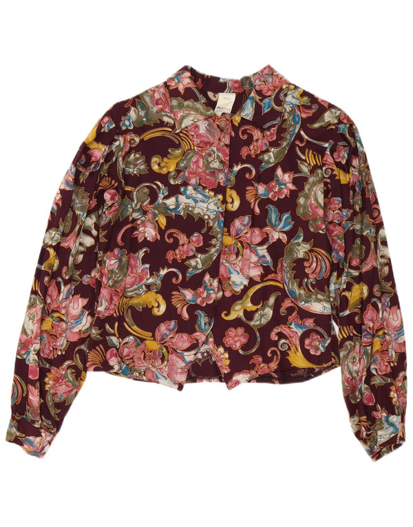 Bluză de cămașă vintage pentru femei UK 10 Viscoză Florală Burgundy mică