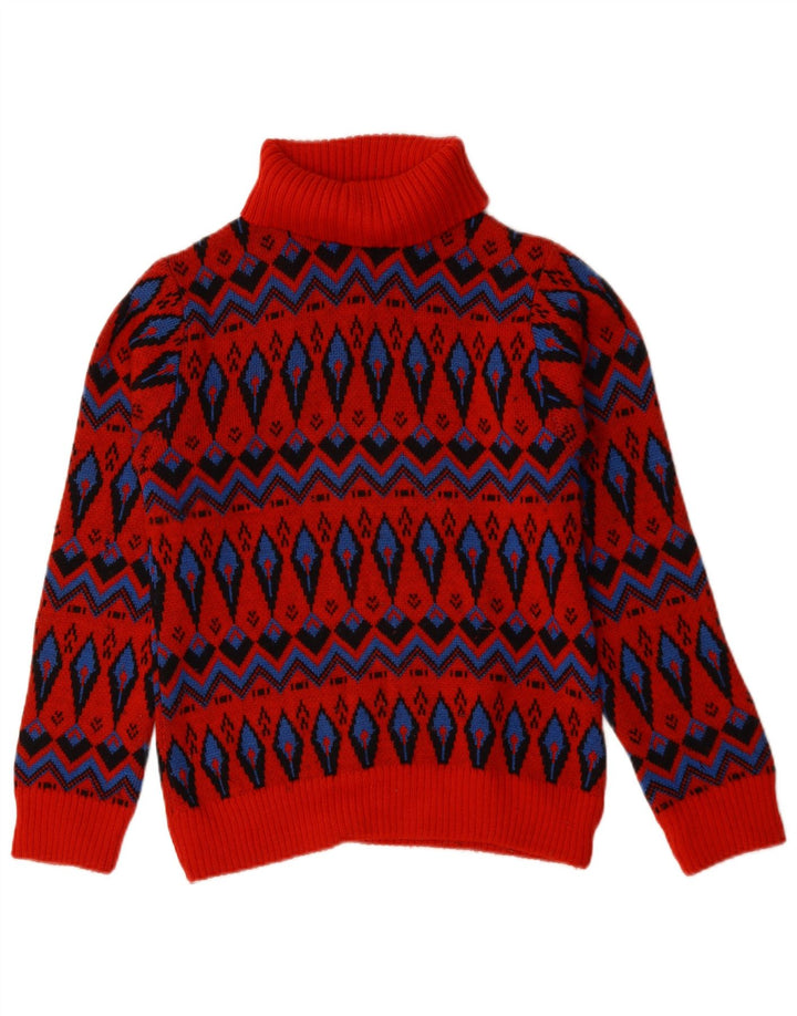 Pulover vintage pentru femei cu gât rulat, mărime 4, lână Fair Isle, roșie, mică