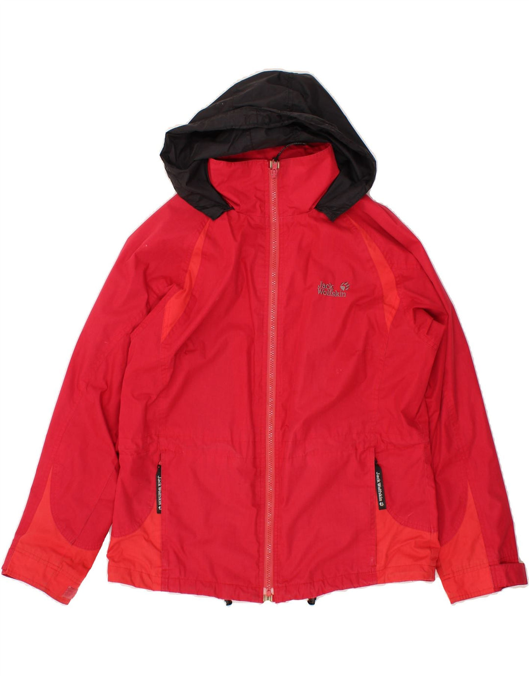 JACK WOLFSKIN Womens Hooded Rain Jacket UK 10 Small Red Colourblock Vintage Jack Wolfskin and Second-Hand Jack Wolfskin from Messina Hembry 
