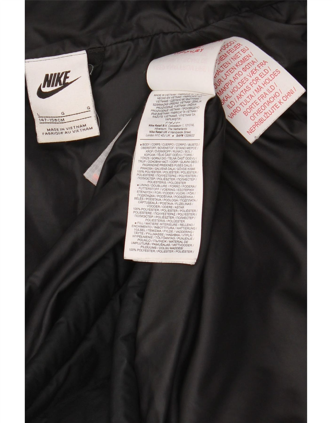 Jachetă căptușită cu glugă Nike pentru băieți 12-13 ani, mare, negru, poliester