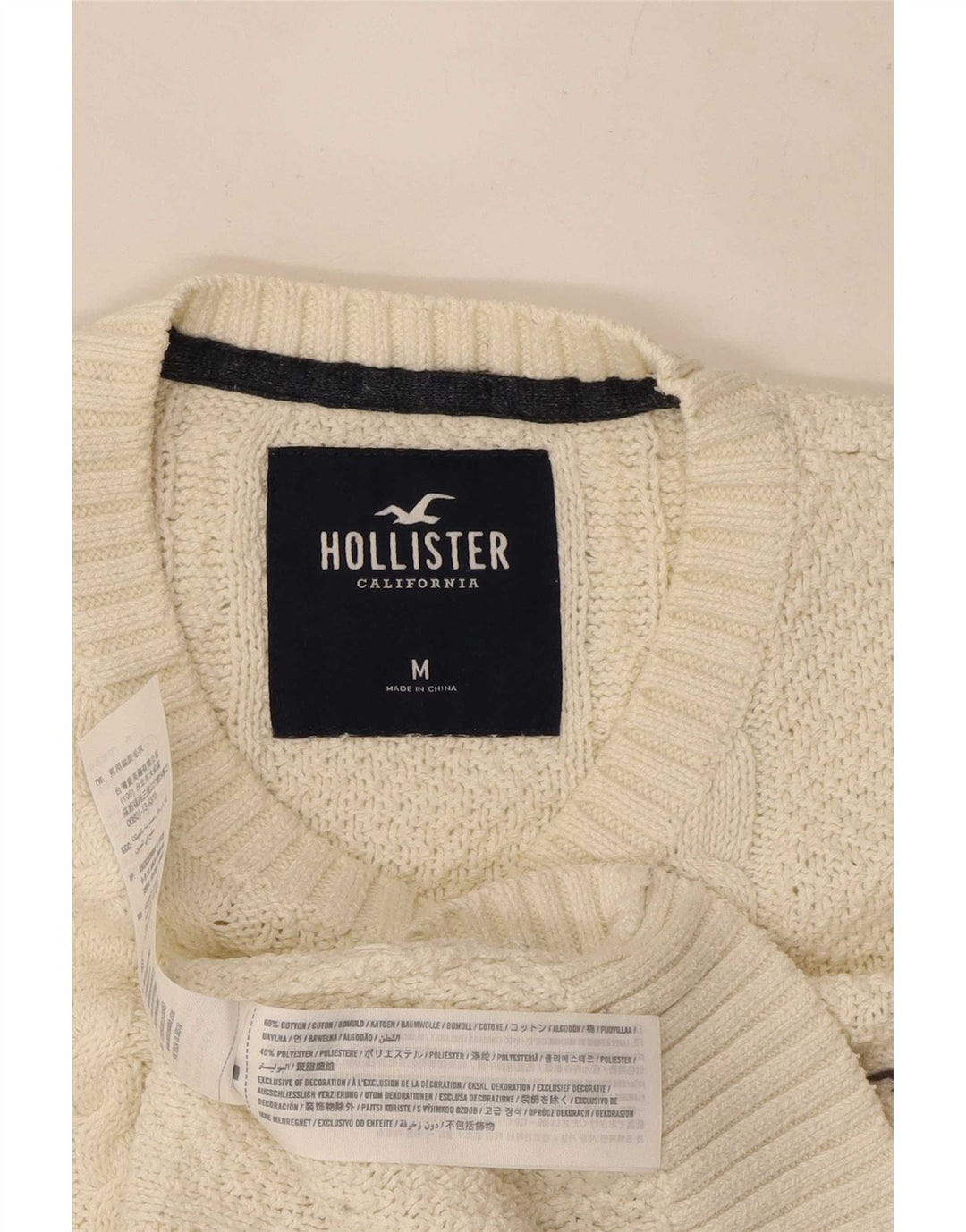 Pulover Hollister pentru bărbați cu gât roșu, bumbac mediu bej