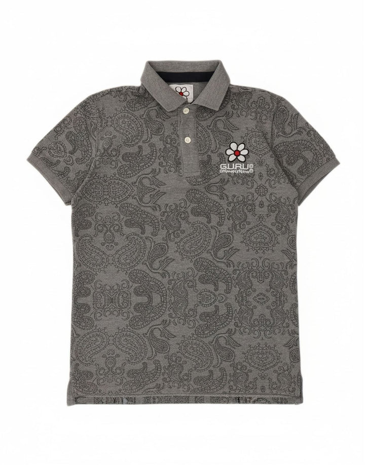 GURU Mens Polo Shirt Medium Grey Paisley Cotton