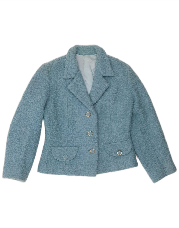 Jachetă vintage pentru femei crop cu 3 nasturi, UK 12, albastru mediu