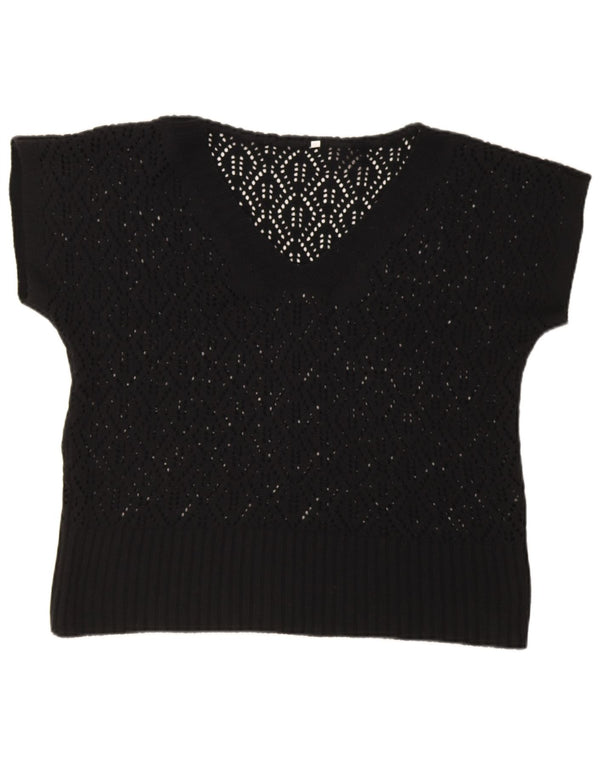 Pulover vintage cu mânecă scurtă din croșetat cu decolteu în V pentru femei UK 16 mare negru