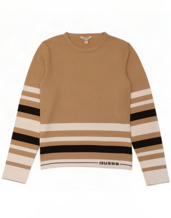 Guess Top grafic pentru femei cu mânecă lungă UK 12 Medium Beige Striped Viscose
