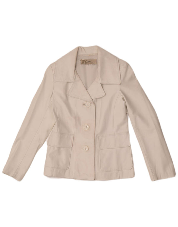 Jachetă vintage din piele cu 3 nasturi pentru femei UK 10 Small White